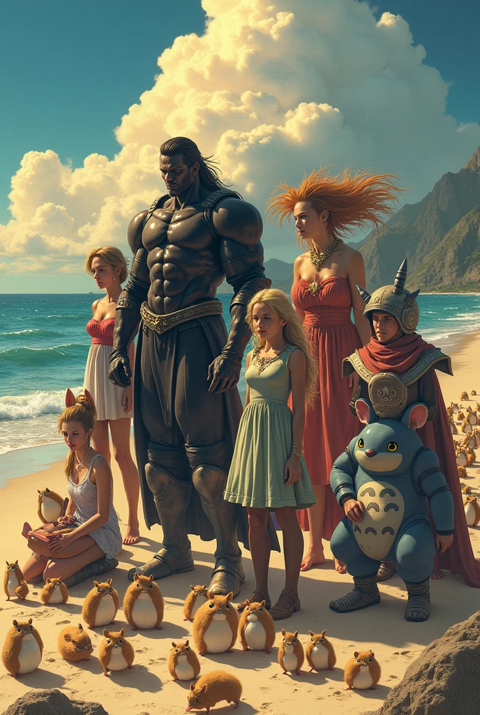 @Meta AI generates an image of all these characters on a beach, Howl, The Boss Metal gear solid, Ganondorf, Sephiroth, Until Daniela, Venus, Gustavo surrounded by hamster, TOTORO and bakugou
