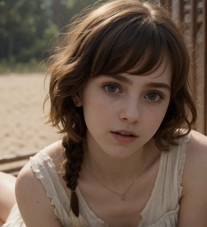 Sophia Lillis,beautiful,cute, Soft belly, elegant, Open your mouth, Professional photography ,Facial expression of sexual pleasure、The expression you show when you love someone、 Long braids,whole body 、beautiful太もも、Disheveled clothing、They are pushing each other&#39;s clothes aside with their hands.、Outdoor、holiday、blue sky、Relaxed atmosphere、innocent、Touching each other&#39;s bodies、、White see-through T-shirt、Pant voice、Grey shorts、Dazzling sunlight、Sunlight on the skin、Professional photos、private、Intimate atmosphere、Two people in love、Wide range of colors、color、innocentな女子高校生