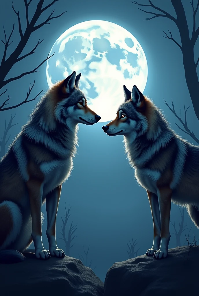 2D image, 2 wolves looking at each other with the moon in the background