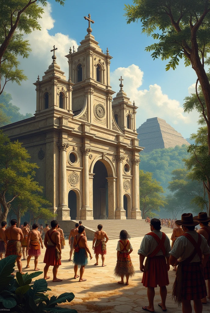 Some Spaniards showing the church to the Mayans