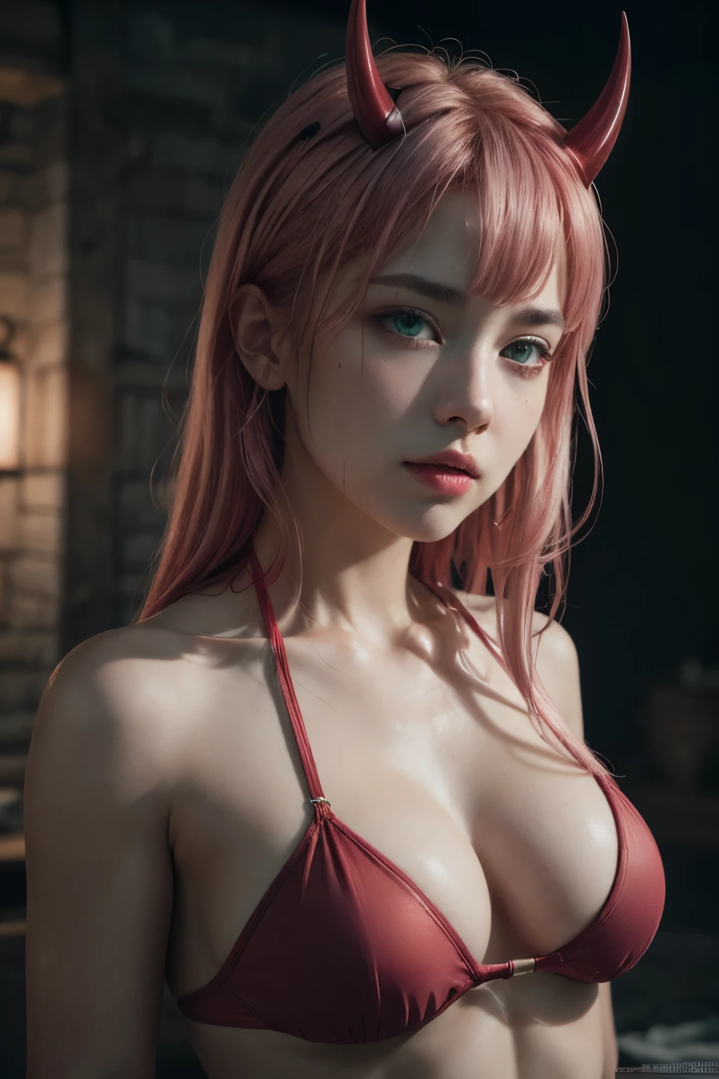 A sexy woman,medium breasts,pink hair,green eyes,red bikini,red horns,(best quality,4k,8k,highres,masterpiece:1.2),ultra-detailed,(realistic,photorealistic,photo-realistic:1.37),intricate details,cinematic lighting,dramatic lighting,vivid colors,fantasy,digital art