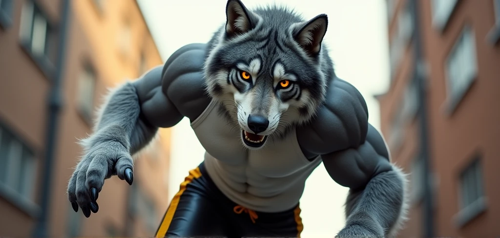 (best quality,highres,ultra-detailed),steel forest background,night, solo performance, struggle, four limbs on the ground, chubby physique, (transformation, feral transformation:1.3), driving into (a wolf), mid-phase transition, ginger fur, mecha skin, metallic texture all over the body, ginger yellow short hair, Leon Kennedy hairstyle, chest muscles, terrifying expression, glowing yellow eyes, elongated nose, mouth open, teeth, sheath, ferociousness, (canine, knot), ()