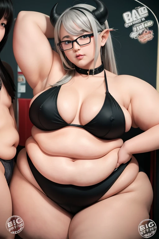 ((((大きな?))))((((??????))))???????, looking at viewer, blush, multiple girls, 1boy, navel, holding, 2girls, twintails, tail, swimsuit, hetero, grey hair, ??????, censored, multiple boys, horns, glasses, tongue, pointy ears, armpits, bar censor, black ??????, colored skin, cover, demon girl, demon horns, cover page, demon tail, doujin cover, duel monster, content rating