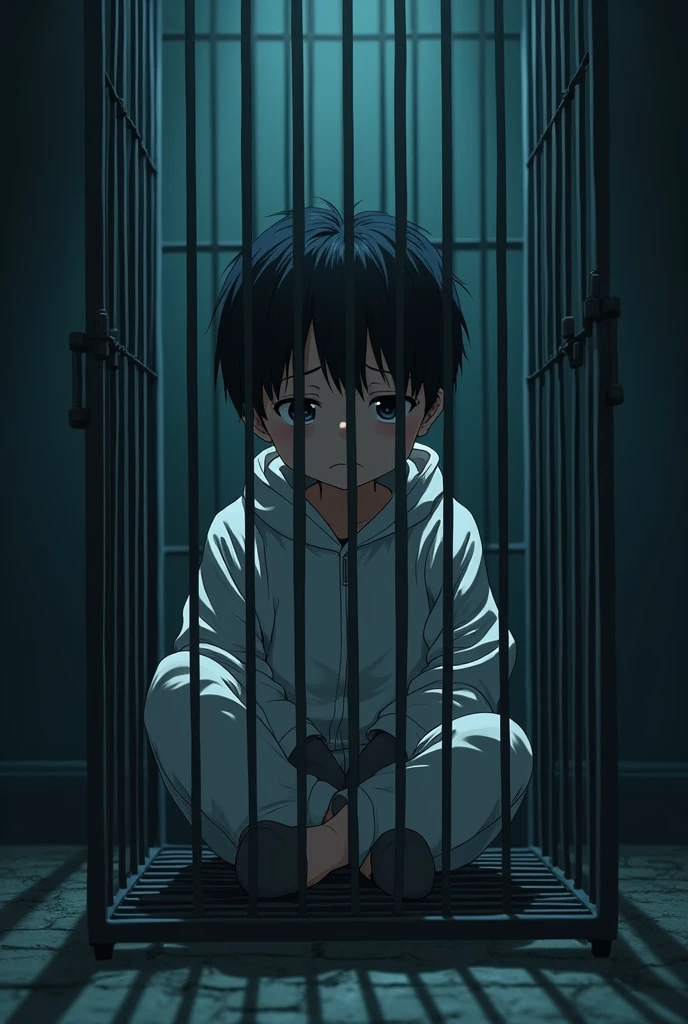 Cinematic anime style. manga art. TME0224 face, sad expression, (((a baby boy, 4 year old))) in a funny night (((wearing a baggy onesie with hands in mittens))), (((inside a tiny closed cage behind bars, sitting with the legs sticking out))). cinematic lighting, drop shadow, masterpiece, UHD, anatomically correct, textured skin, super detail, high details, high quality, best quality, 4K, full body, sitting with the legs sticking out of the bars