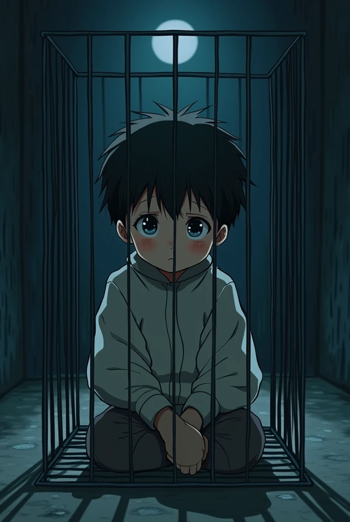 Cinematic anime style. manga art. TME0224 face, sad expression, (((a baby boy, 4 year old))) in a funny night (((wearing a baggy onesie with hands in mittens))), (((inside a tiny closed cage behind bars, sitting with the legs sticking out))). cinematic lighting, drop shadow, masterpiece, UHD, anatomically correct, textured skin, super detail, high details, high quality, best quality, 4K, full body, sitting with the legs sticking out of the bars