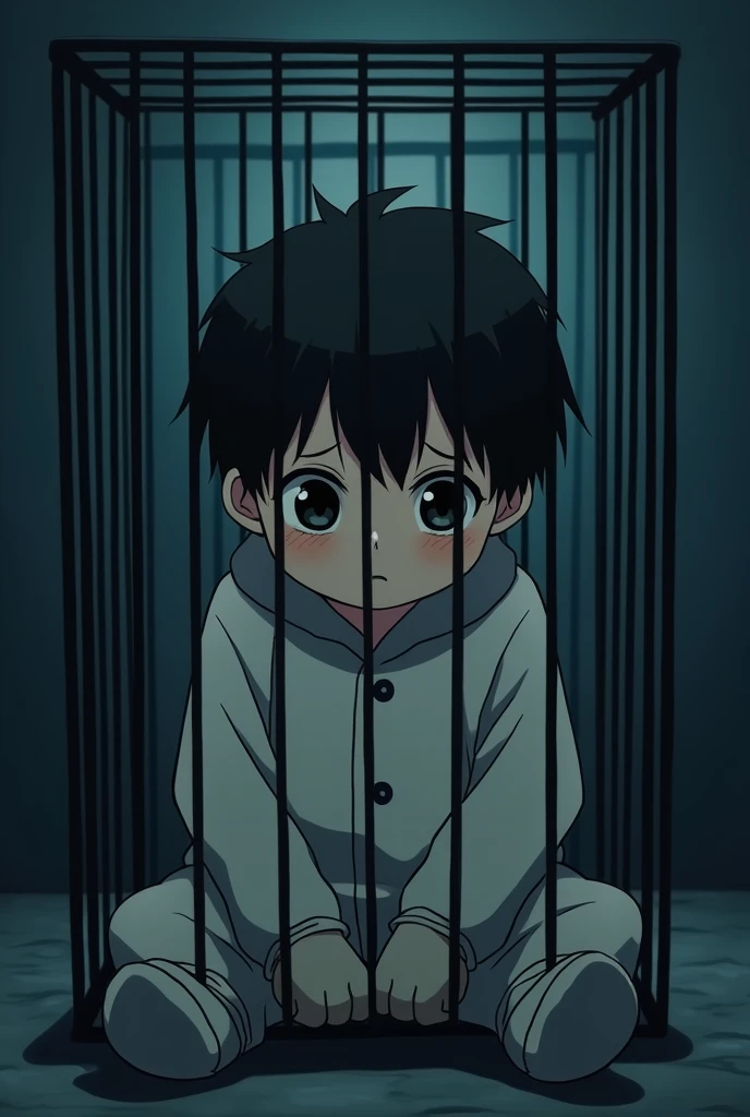 Cinematic anime style. manga art. TME0224 face, sad expression, (((a baby boy, 4 year old))) in a funny night (((wearing a baggy onesie with hands in mittens))), (((inside a tiny closed cage behind bars, sitting with the legs sticking out))). cinematic lighting, drop shadow, masterpiece, UHD, anatomically correct, textured skin, super detail, high details, high quality, best quality, 4K, full body, sitting with the legs sticking out of the bars