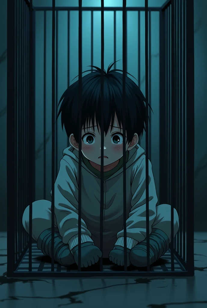 Cinematic anime style. manga art. TME0224 face, sad expression, (((a , 4 year old funny night (((wearing a baggy onesie with hands in mittens))), (((inside a tiny closed cage behind bars, sitting with the legs sticking out))). cinematic lighting, drop shadow, masterpiece, UHD, anatomically correct, textured skin, super detail, high details, high quality, best quality, 4K, full body, sitting with the legs sticking out of the bars