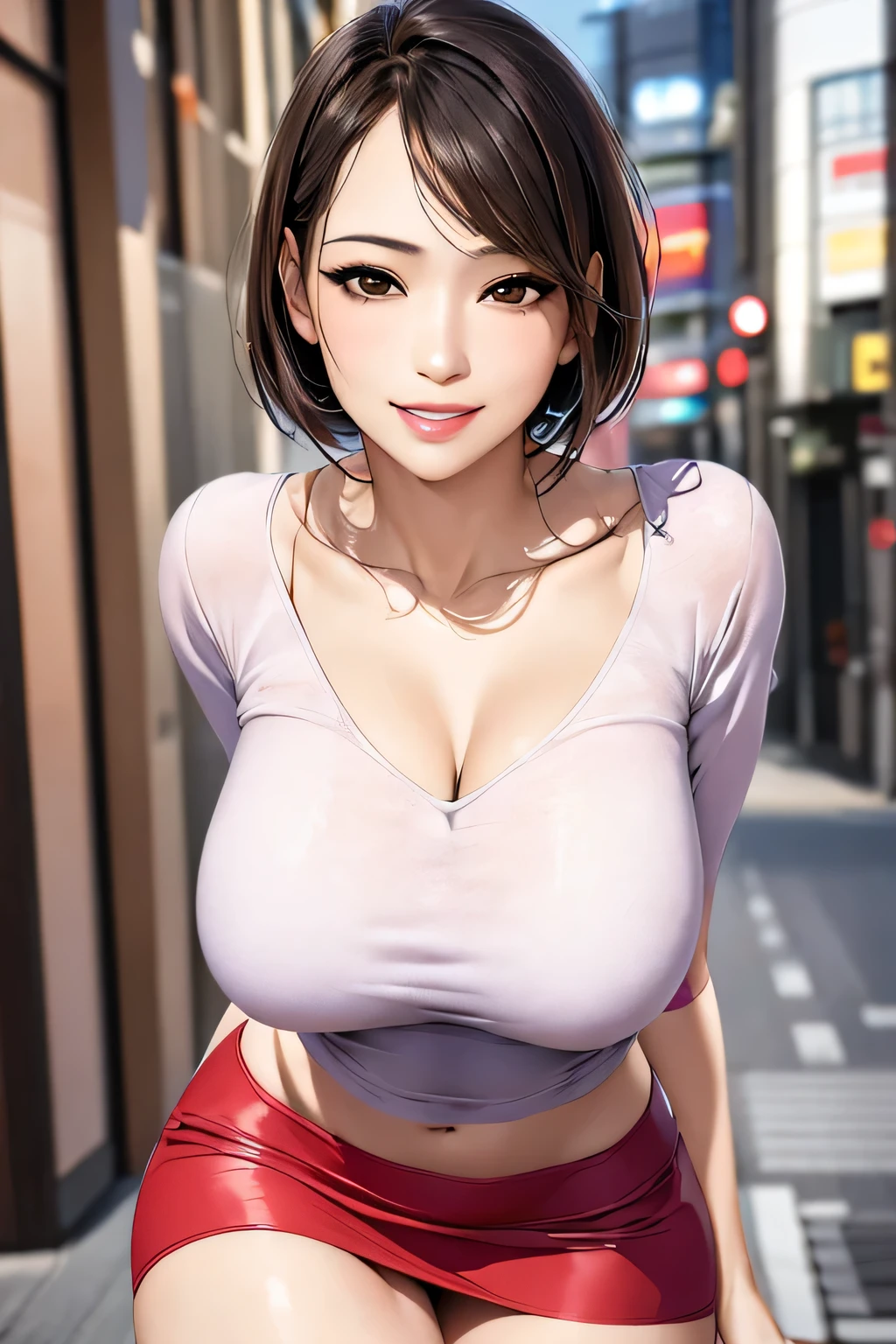 (1 The Ultimate Beautiful Mature Woman), Very detailedな顔, Beautiful brown eyes, double eyelid, Slightly thick detailed lip, Short black hair, (Light purple blouse:1.2), (Red tight mini skirt:1.4), Large Breasts, smile, Thighs, Perfect lighting, (Realistic:1.4), (Very detailed), (Highest quality), (Best Shadow), (masterpiece), Ultra-high resolution, With background: ((Ginza Art Gallery, Tokyo))