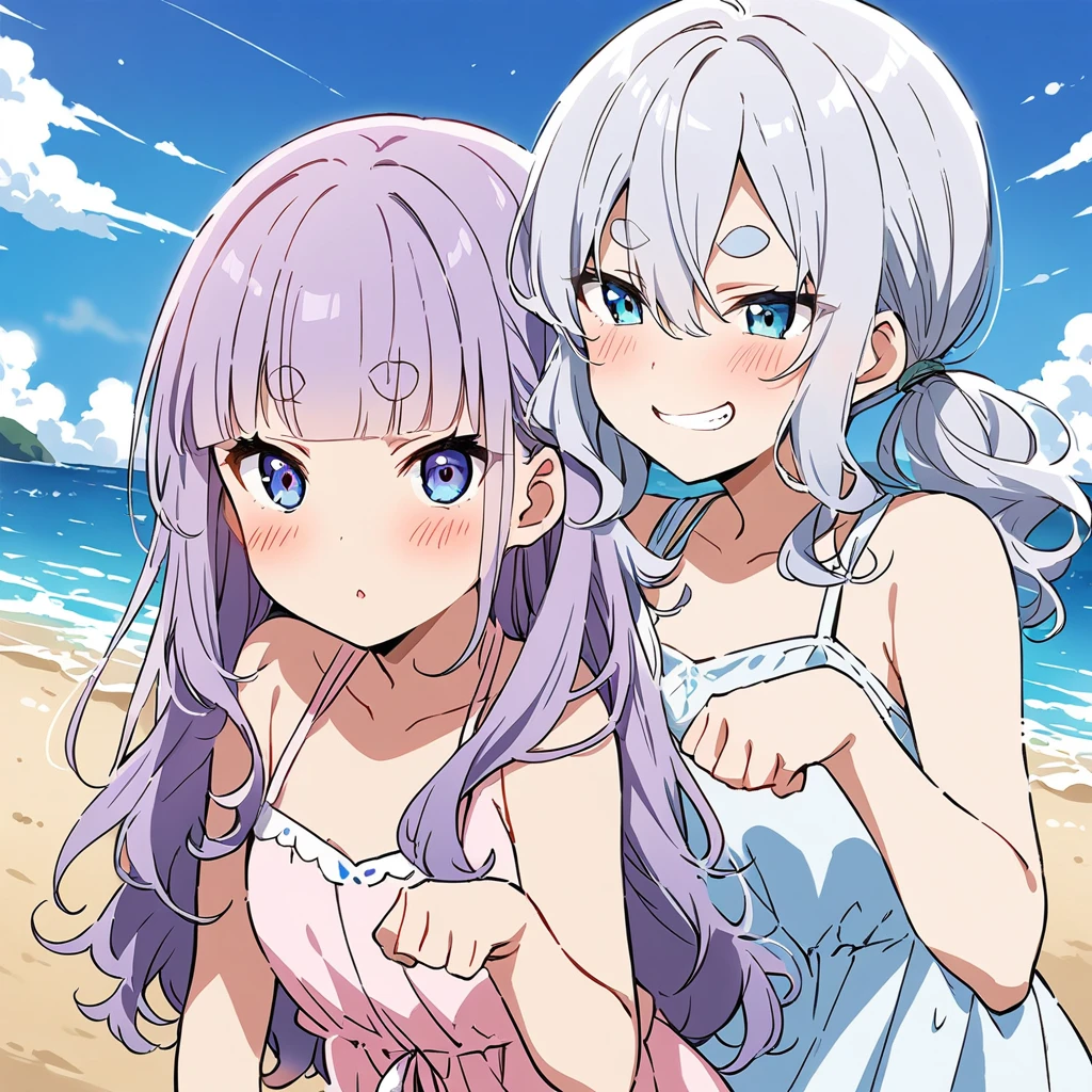 two girl,one girl with silver hair, long wavy hair, short eyebrows, bangs between the eyes, silver and blue eyes,evil grin,blush,paw pose, white sleeveless summer dress,
other girl with pale purple hair, low-twintail, blunt bangs, short eyebrows, green and black eyes,evil grin,blush,paw pose,pink sleeveless summer dress,
The background is sandy beach, blue sky, masterpiece, detailed line drawing, official art,
