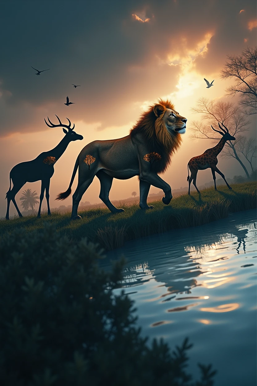 ((Double Exposure)) ((Photography)) of the ((Lions, antelopes, giraffes)) and ((grass and trees)) and ((birds flying in the sky)) blending together in the word ((WILDLIFE)), artfully captured with a ((70mm lens)) on a ((clear sunny day)), intricate details and ((hyperrealistic)) patterns that draw the eye, providing a unique and creative way to showcase this breathtaking scene. ((Unreal Engine 5)) ((Rendered))