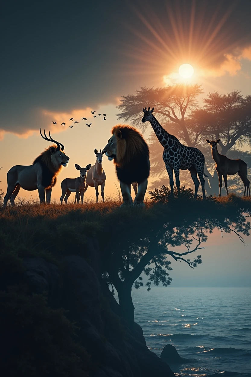 ((Double Exposure)) ((Photography)) of the ((Lions, antelopes, giraffes)) and ((grass and trees)) and ((birds flying in the sky)) blending together in the word ((WILDLIFE)), artfully captured with a ((70mm lens)) on a ((clear sunny day)), intricate details and ((hyperrealistic)) patterns that draw the eye, providing a unique and creative way to showcase this breathtaking scene. ((Unreal Engine 5)) ((Rendered))