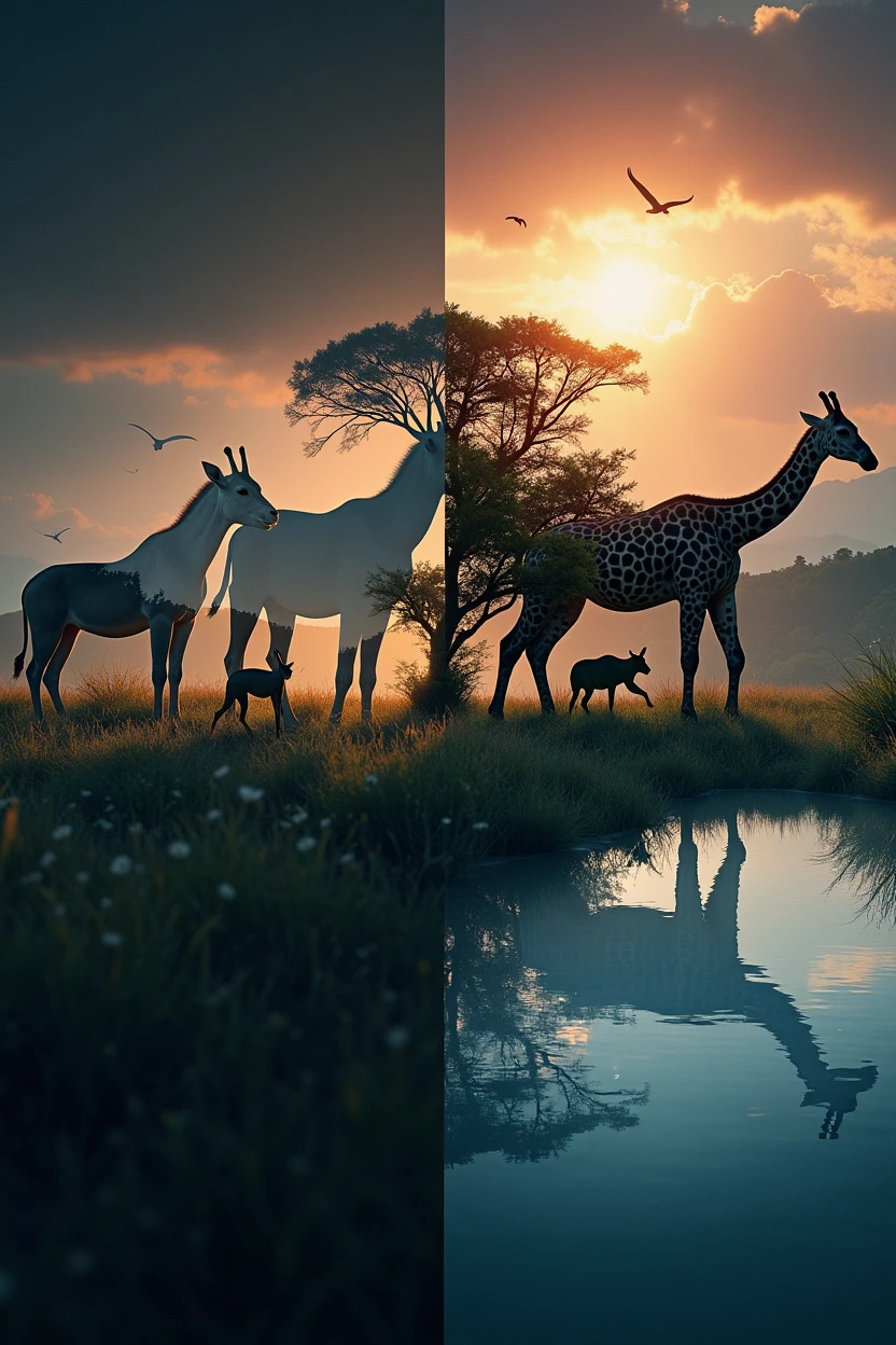 ((Double Exposure)) ((Photography)) of the ((Lions, antelopes, giraffes)) and ((grass and trees)) and ((birds flying in the sky)) blending together in the word ((WILDLIFE)), artfully captured with a ((70mm lens)) on a ((clear sunny day)), intricate details and ((hyperrealistic)) patterns that draw the eye, providing a unique and creative way to showcase this breathtaking scene. ((Unreal Engine 5)) ((Rendered))