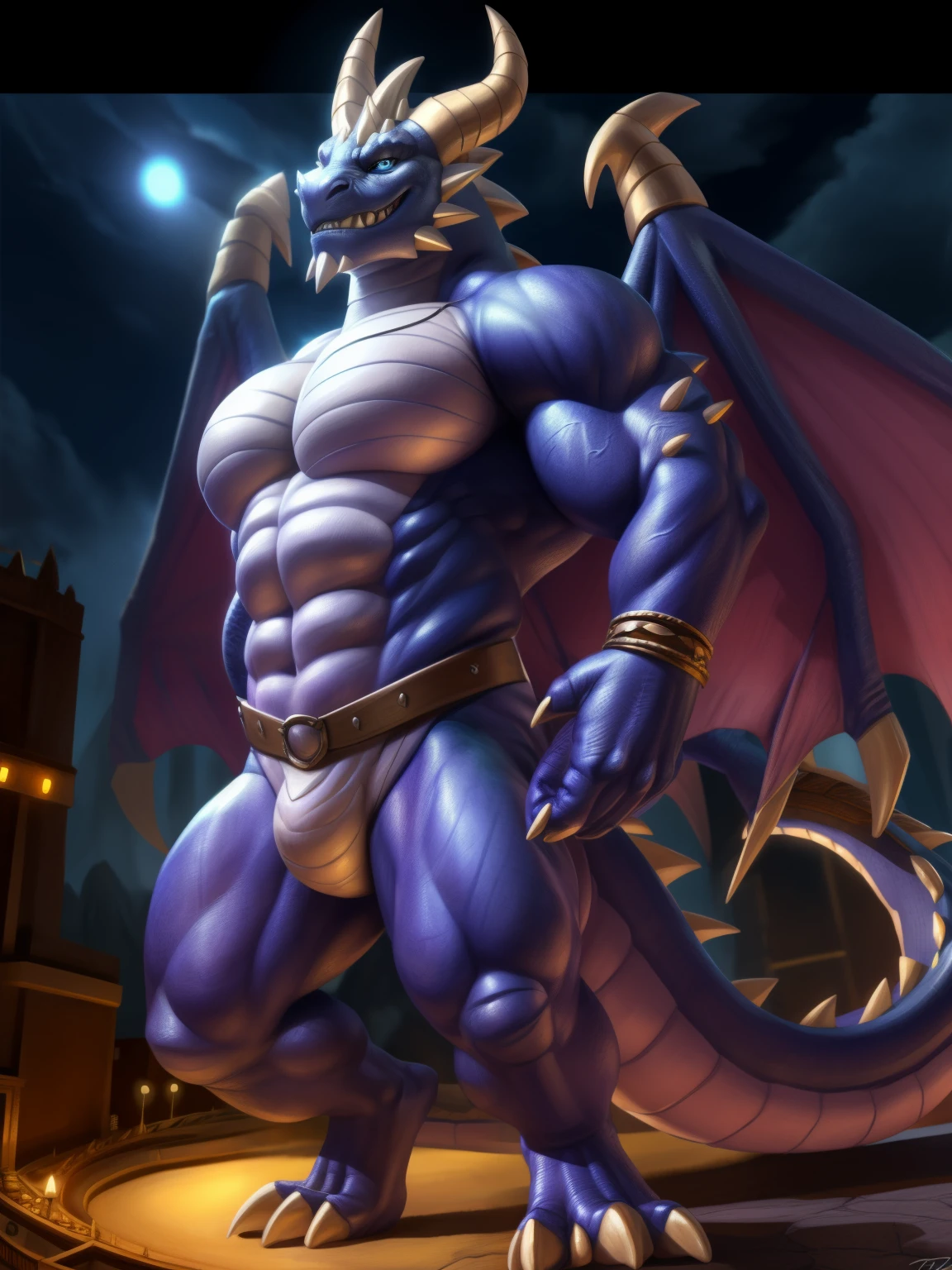 portrait, side illumination, bara, bubba, male focus, solo, blue eyes, sharp teeth, abs, claws, plump, jewelry, detailed hands, plump, dragon tail, wings, (pose, posing:1.3), lights, realistic, photorealistic, 4k, macro