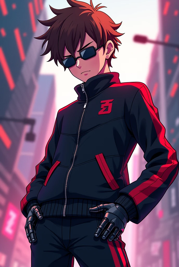Boy in black jacket with red stripes, black pants with red stripes, sunglasses, short brown hair,black robotic gloves , now in anime version