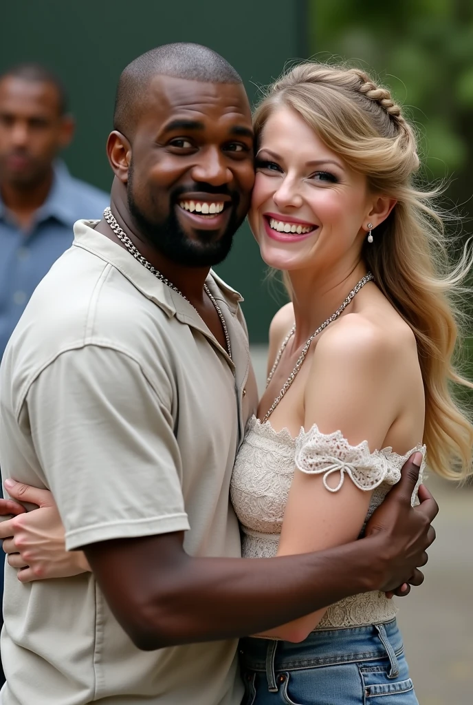 Kanye West smiling taking a photo hugging Taylor Swift with braided hair and normal clothes