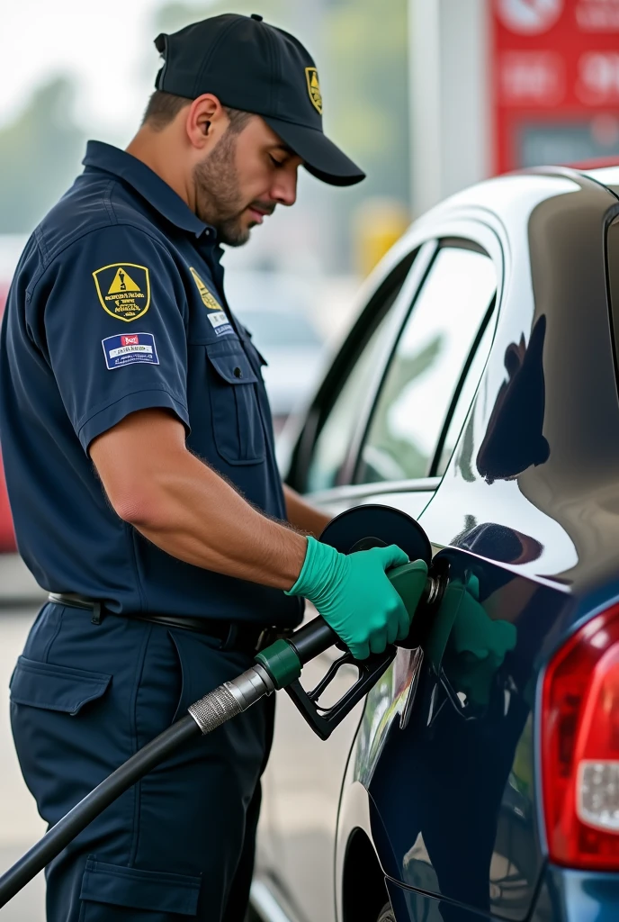A realistic image of a gas station attendant carefully following safety protocols while fueling a car. The attendant is wearing protective gloves and a uniform with safety markings, ensuring the fuel nozzle is properly secured. A safety sign is visible near the pump, emphasizing the importance of no smoking and the correct handling of fuel, with a calm and professional demeanor.