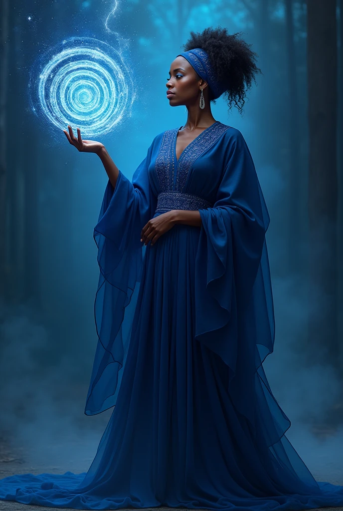 Orisha woman dressed in dark blue with a shiny spiral in her hand, uncrowned...