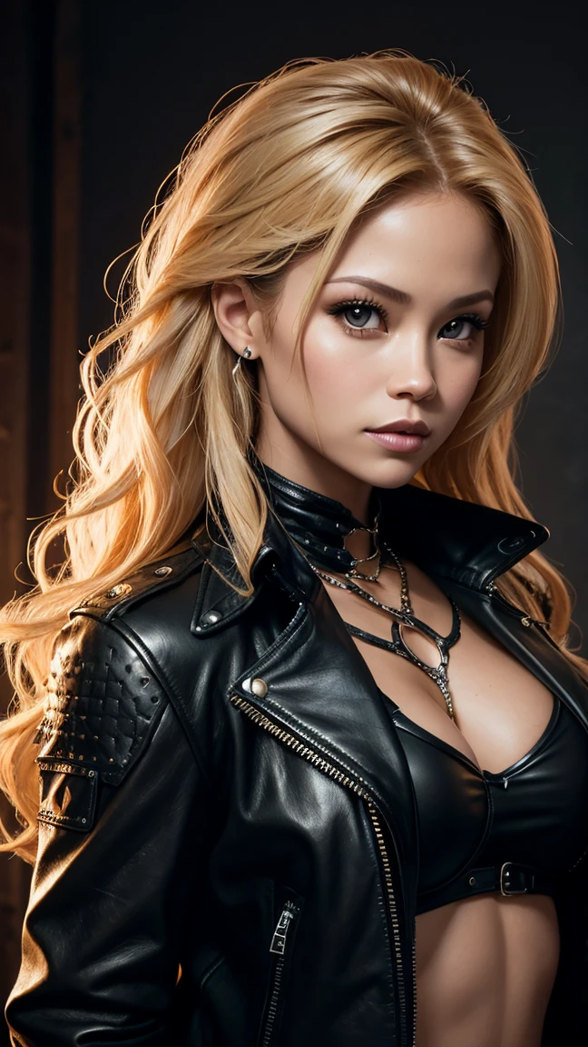 Cute punk scull, 36k, portrait LIGHT SKIN NOWAY Vanessa Lachey, LONG CURLY BLONDE HAIR ),, FRONT OPEN BLACK LEATHER jacket,CAN SEE CLEAVAGE WEARING ONLY JACKET OPEN IN FRONT NO SHIRT renaissance, cables on her body, hyper realistic style, oil painting, fantasy by olga fedorova