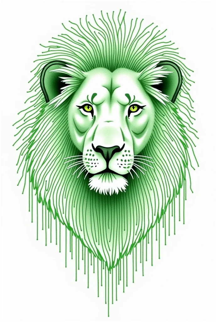 Draw a lion whose mane is made of electronic circuits. The drawing must be green. The background must be completely white.
