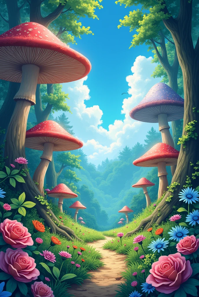 An anime movie poster, with giant mushrooms of various colors, in a forest with flowers of various species and colors,like red, blue, roses and etc..