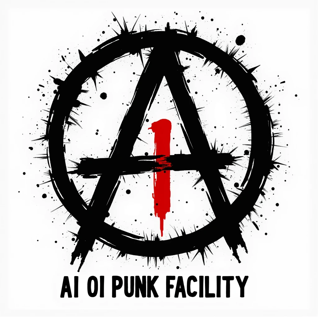Punk rock logo: Black Α is anarchy symbol (A in circle), in the center of composition. Red letter I in front of A, in the middle of it. "AI OI PUNK FACILITY" as the title. Rough, stencil-like font. Black and red on  white. Surrounded by glitches, pixel errors, code snippets. Rebellious, chaotic style. handmade, chiaroscuro.