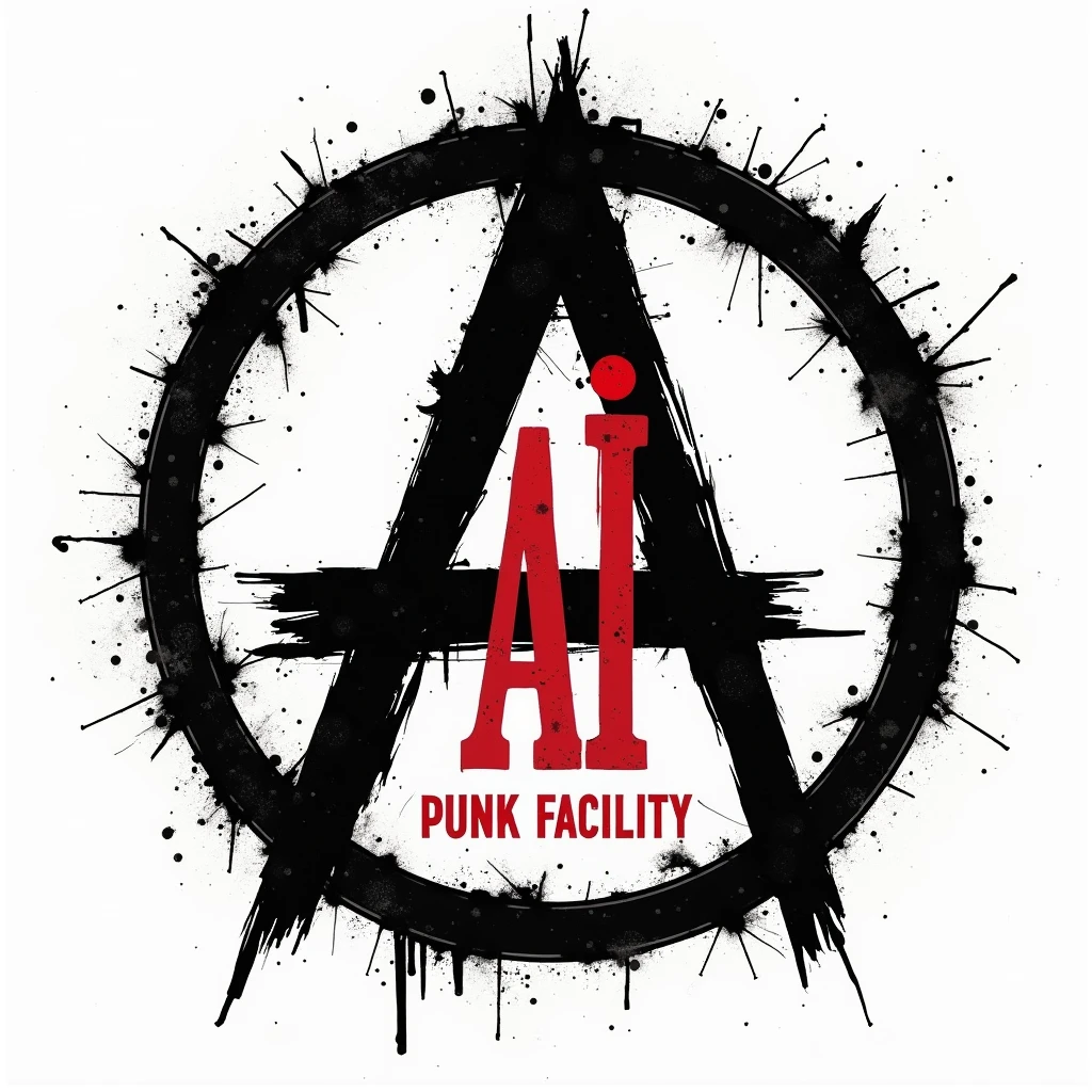 Punk rock logo: Black Α is anarchy symbol (A in circle), in the center of composition. Red letter I in front of A, in the middle of it. "AI OI PUNK FACILITY" as the title. Rough, stencil-like font. Black and red on dirty white. Surrounded by glitches, pixel errors, code snippets. Rebellious, chaotic style. handmade, chiaroscuro.
