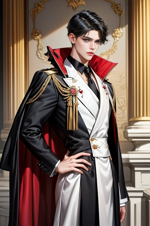 
masterpiece, 最high quality, high quality, 1 boy, alone, Male focus, Watching the audience,  Messy black hair, Adorable big blue eyes, White, Noble, Noble,A black and red cape that is bursting with sexy volume、Tuxedo、A very voluminous, large, very large, very large, long, long red and black cape with a high stand-up collar, made of a lot of fabric that reaches down to the floor., 17 years old,Cute beautiful boys,Cute, cute, kind, handsome guy