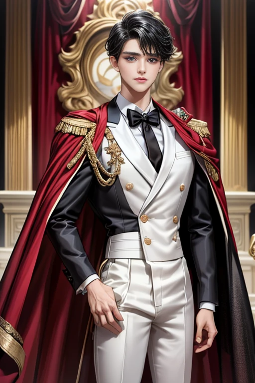 masterpiece, 最high quality, high quality, 1 boy, alone, Male focus, Watching the audience, Messy black hair, Adorable big blue eyes, White, Noble, Noble,A black and red cape that is bursting with sexy volume、Tuxedo、A very voluminous, large, very large, very large, long, long red and black cape with a high stand-up collar, made of a lot of fabric that reaches down to the floor., 17 years old,Cute beautiful boys,Cute, cute, kind, handsome guy