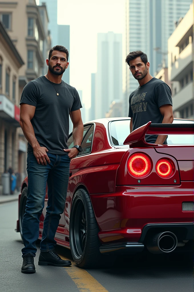 Renato Garcia and Paul Walker next to a Nissan skilline r34