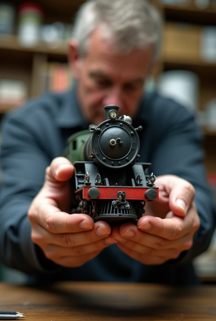 A person holding a train and delivering 