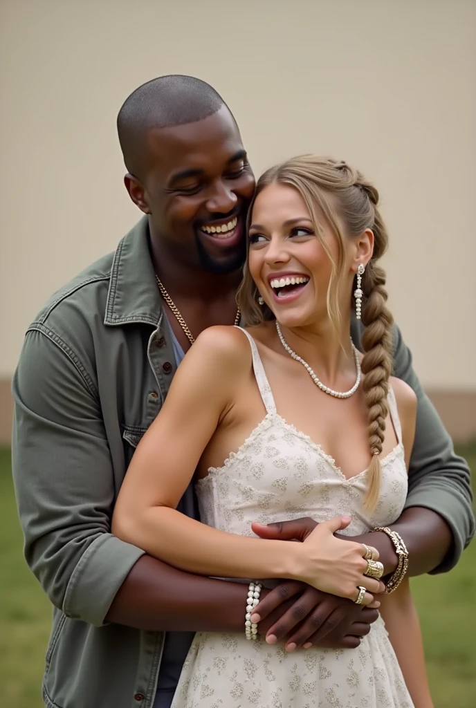 Kanye West smiling taking a photo hugging Taylor Swift with braided hair and normal clothes