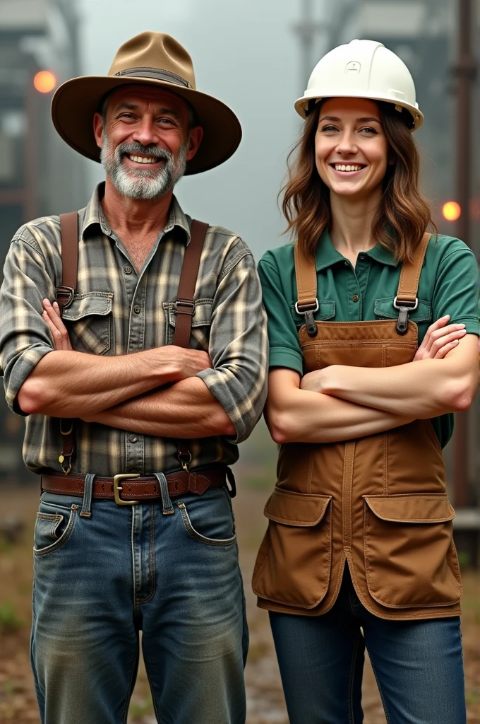 2 people smiling with arms crossed, a farmer with a hat and an industrial engineer with a helmet