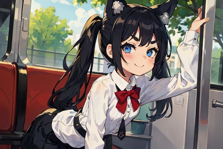 Young girl with black hair, long twintail, twintail hairstyle, (blue eyes), ((small bushy eyebrows)), (wolf ears up), wearing gothic ta, loliclothes, going to school, dull eyes, dull face, going to school, flirtatious smile, small and perky breasts, having sex in the bus with a werewolf