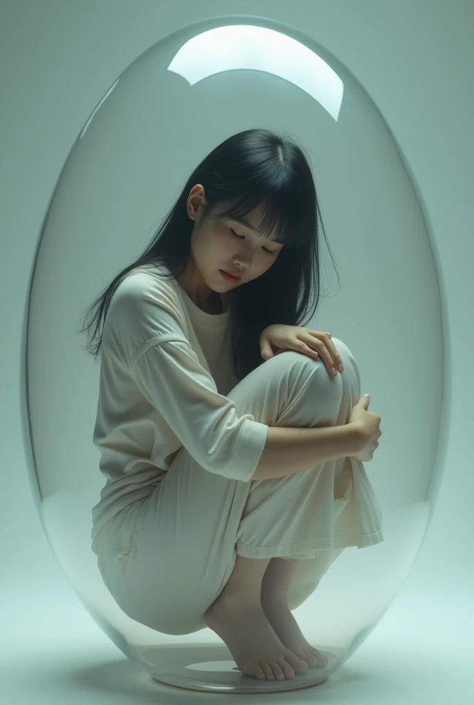 Inside a large transparent egg, a girl of about 16 is curled up, hugging her knees.