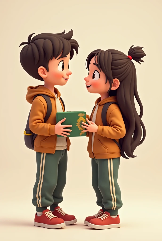 Animated image of a boy and a girl wearing sweatpants and a brown jacket with a cream stripe with their lunch box