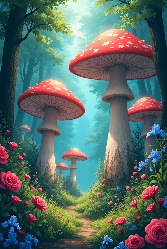 An anime movie poster, with giant mushrooms of various colors, in a forest with flowers of various species and colors,like red, blue, roses and etc..