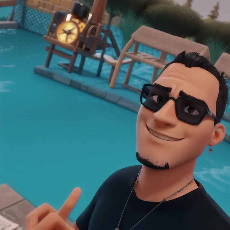 with black glasses without showing the eye, high qualiy, best quality a dark man with earring and necklace around his neck , with a super seductive natural smile