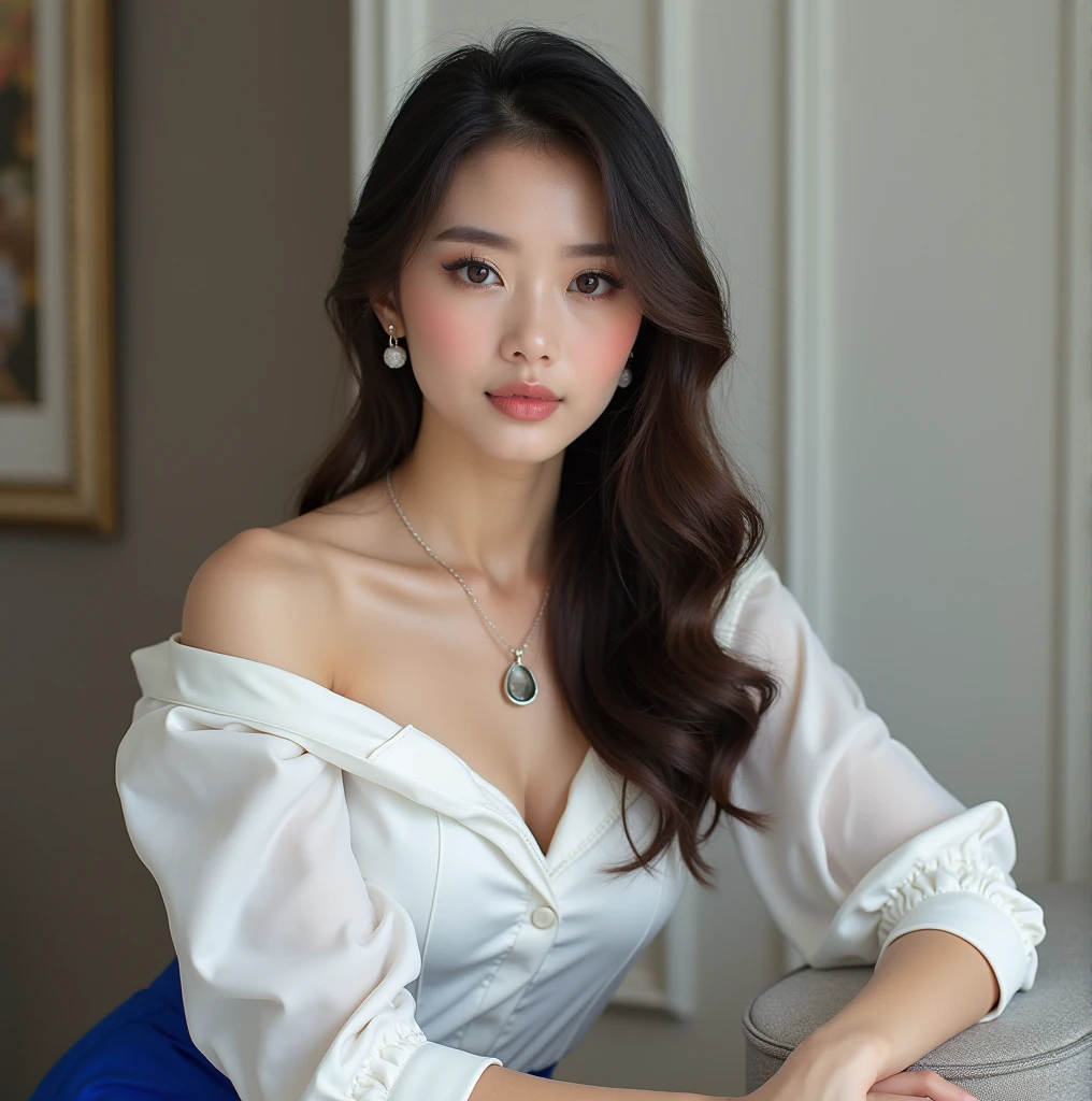 best quality,masterpiece,Ultra-high resolution,(actual:1.4),original photo,Ultra-high resolution,8k,woman,A head of waist-length hair.clear hair.White skin,Sophisticated makeup,royal blue skirt:1.5. High heel,long legs,bright and beautiful,