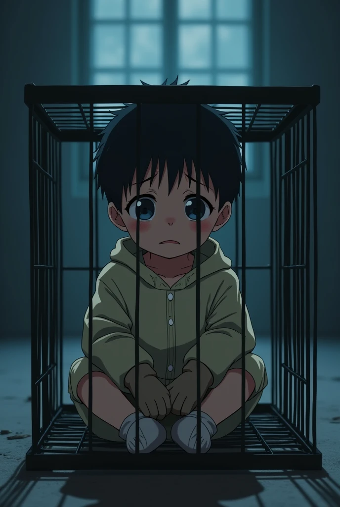 Cinematic anime style. manga art. TME0224 face, sad expression, (((a baby boy, 4 year old))) in a funny night (((wearing a baggy onesie with hands in mittens))), (((inside a tiny closed cage behind bars, sitting with the legs sticking out))). cinematic lighting, drop shadow, masterpiece, UHD, anatomically correct, textured skin, super detail, high details, high quality, best quality, 4K, full body, sitting with the legs sticking out of the bars