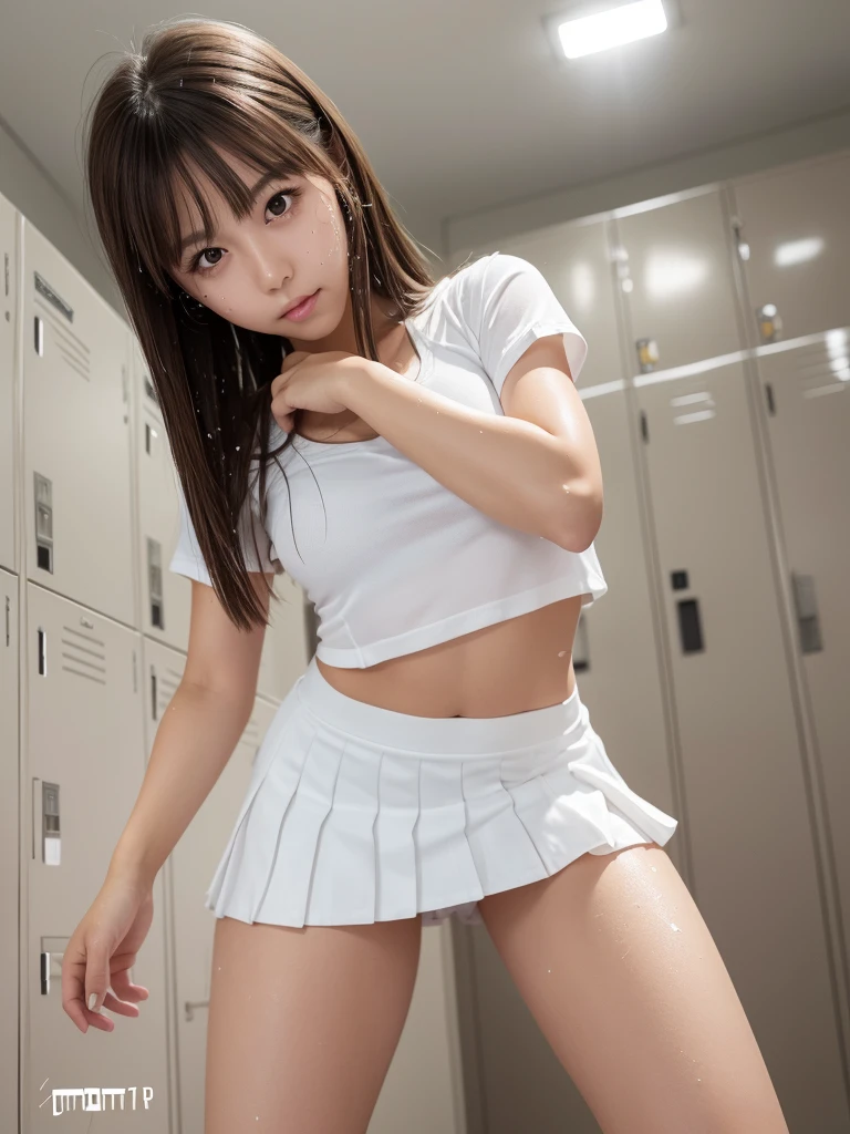 Product quality,1 girl,Cowboy Shot,Front view,Thigh Emphasis,(Knee-deep shots:1.3),Young and sexy Japanese girl,18-year-old,locker room,Wearing white tennis wear,(White ultra short micro pleated mini skirt),wear,No underwear,((Small Head,face:0.4))超かわいいface,赤ちゃんのface,Glossy Lips,Big eyes,Double eyelids on both eyes,(Natural Makeup),Brown eyes,Small and cute nose,shiny smooth light brown hair with long hair,,Asymmetrical bangs,Center image,8k resolution,Attention to detail,Detailed hairstyle,詳細なface,Cinema Lighting,Octane Rendering,Ultra-realistic,Perfect limbs,Voluptuous thighs,Huge breasts, Soft Skin,(Glowing Skin, Sweaty: 1.5), Spread your legs,Provocative dynamic pose,Skirt flip,(no panties),nsfw,(spread pussy:1.3)