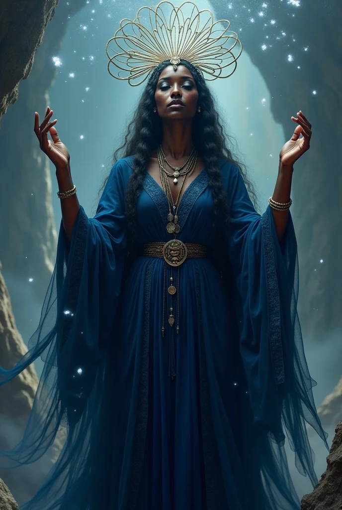 Orisha woman dressed in dark blue with a shiny spiral in her hand, uncrowned...