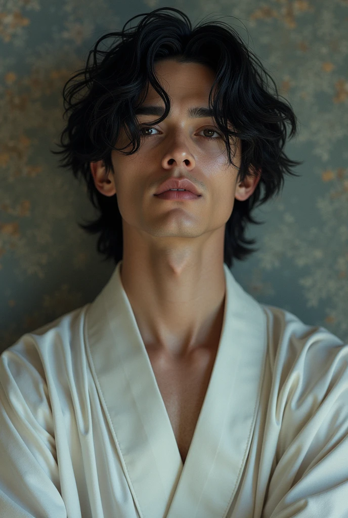 Incredibly handsome man, with youthful features that made him seem almost supernatural.
He usually wears simple white robes with wide sleeves.. her midnight black hair reaches her waist. The most notable feature is his jet-black eyes that seem to almost contain the abyss itself.