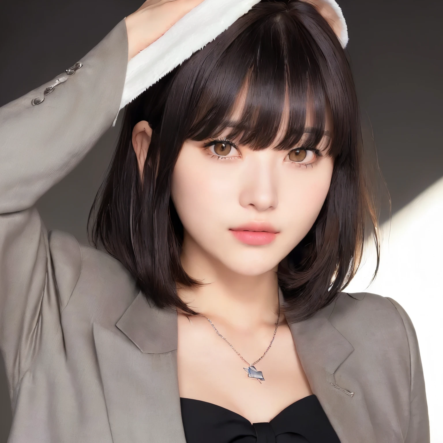 One girl,Remove the mask,arafed woman with a on her face, wearing , , surgical covering mouth, wearing wooden , Ayami, black , sakimi chan,(Highest quality,8k,32K,masterpiece,Ultra-high resolution:1.2), (Capture the entire image, Even on your head:1.5), ((Open your mouth,Bright expression:1.2)), (short hair,Beautiful Bangs:1.5)), ,Light brown hair,Whiten the skin a little,positive, Professional Lighting, Flash photography, Shaded photo, Upper Body, Face Focus, Dior necklace, Gray background, ((Deep neckline black tailored jacket:1.2)), Smaller breasts,Small breasts
