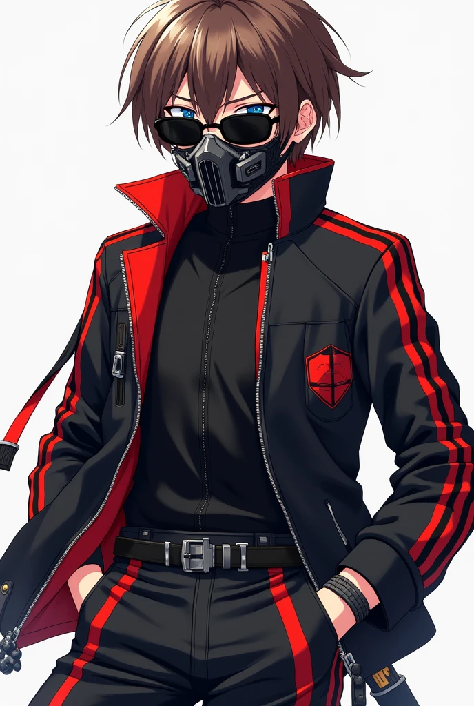 Boy in black jacket with red stripes, black pants with red stripes, sunglasses, black tactical mask,short brown hair,black robotic gloves , now in anime version
