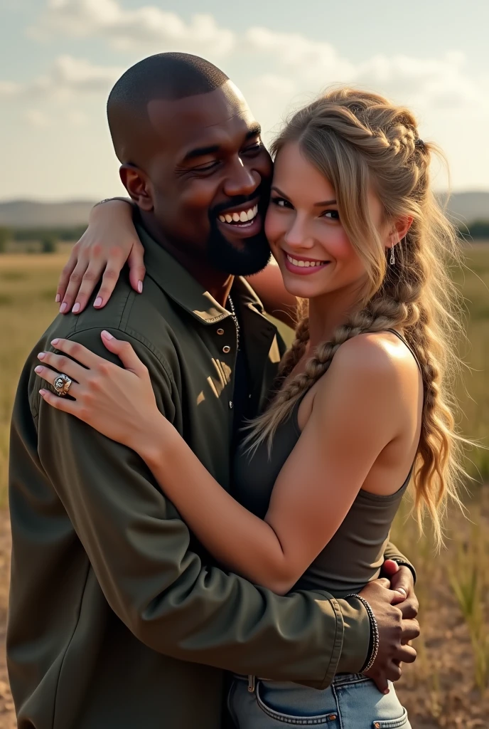 Kanye West smiling taking a photo hugging Taylor Swift with braided hair and normal clothes