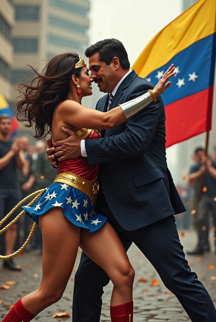 Generates Nicolás Maduro being beaten by María Corina Dressed as Wonder Woman dressed as Venezuela 