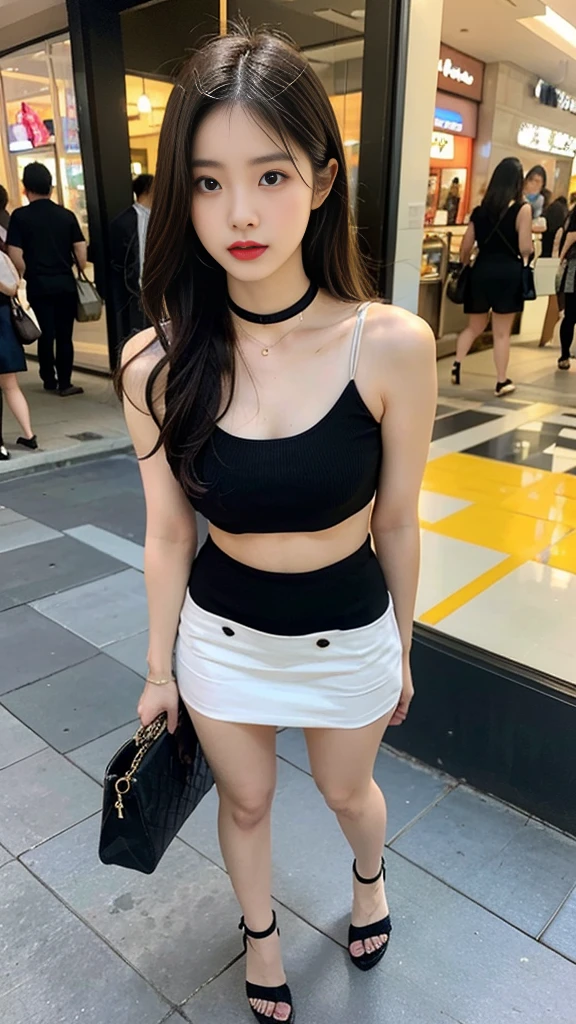 high quality, realistic, masterpiece, full bady, high detail, in the shopping Mall, Korean woman is shopping the dress, A dazzlingly beautiful face, slim and nice body, she worn sleeveless top and miniskirt, high heel sandals and choker nacklace, chanel bag, pretty make up, hot summer in the city, very hot weather, sweating, struggle with the heat, crowded