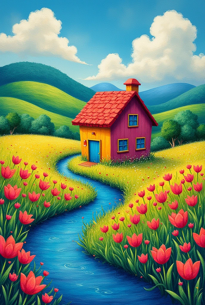 Field painted in crayons with a house, few flowers and a river with a landscape in the background.