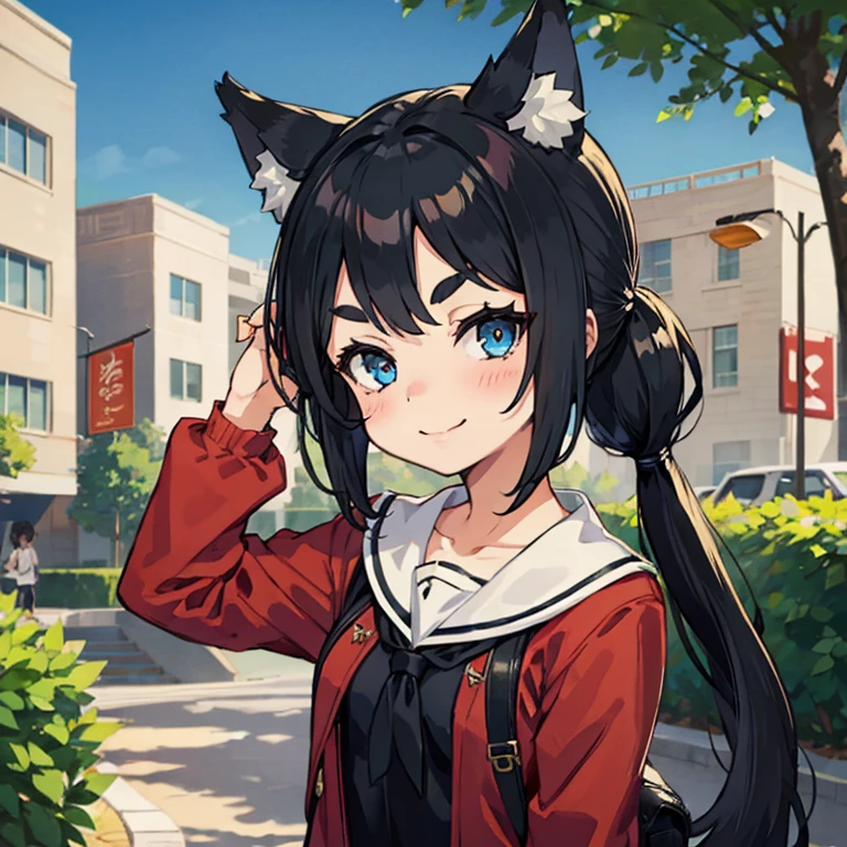 Young girl with black hair, long twintail, twintail hairstyle, (blue eyes), ((small bushy eyebrows)), (wolf ears up), wearing gothic lolita, lolicon clothes, going to school, dull eyes, dull face, going to school, flirtatious smile, small and perky breasts, in a park