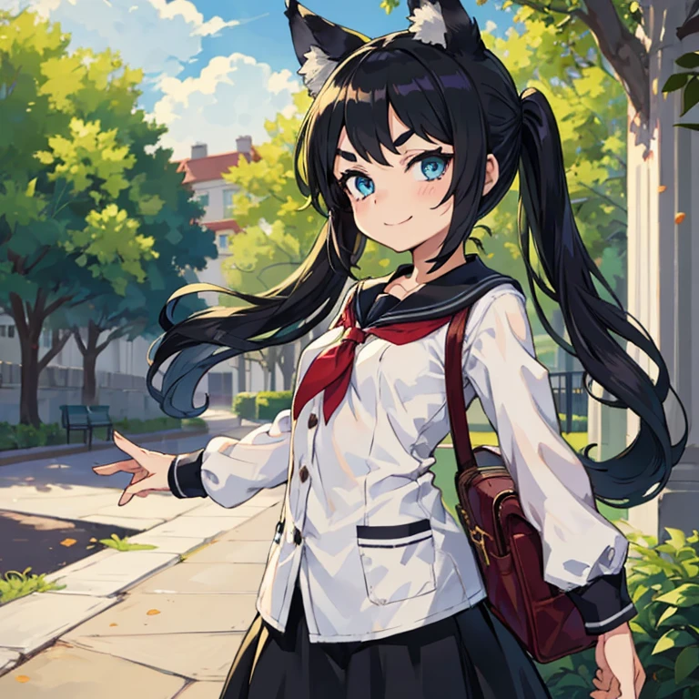 Young girl with black hair, long twintail, twintail hairstyle, (blue eyes), ((small bushy eyebrows)), (wolf ears up), wearing gothic ta, loliclothes, going to school, dull eyes, dull face, going to school, flirtatious smile, small and perky breasts, in a park